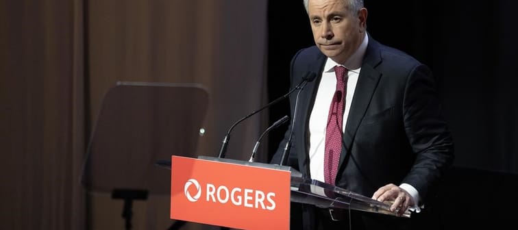 Rogers CEO Tony Staffieri speaks at the telecommunications company's annual general meeting in Toronto, Wednesday, April 26, 2023. The chief executive of Rogers Communications Inc. says the c