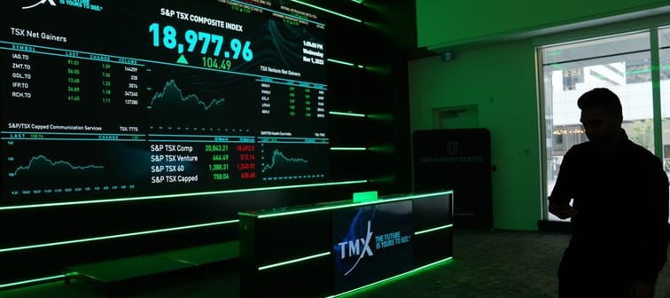 A signboard is displayed at the TMX market centre in Toronto, Wednesday, Nov. 1, 2023. 