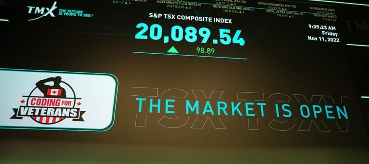 The S&P TSX composite index screen at the TMX Market Centre in downtown Toronto is photographed on Friday, November 11, 2022. 