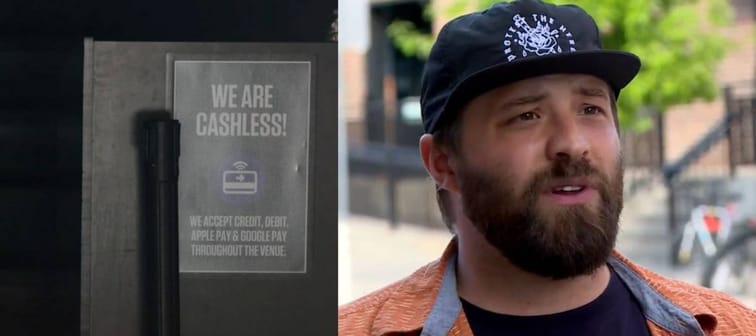 Man in baseball hat looking upset, seen next to a photo of a poster that says We Are Cashless on a door.
