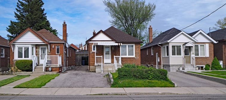 Street with old fashioned 1950s style working class bungalows