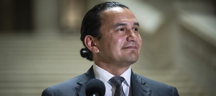 Wab Kinew holds a press conference in Winnipeg on Wednesday, Oct. 4, 2023. 