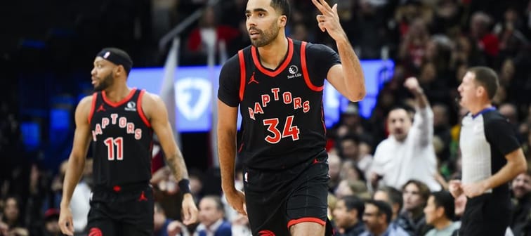 Toronto Raptors' Jontay Porter (34) celebrates after scoring a three pointer, during first half NBA basketball action against the Chicago Bulls, in Toronto on Thursday, January 18, 2024. The 