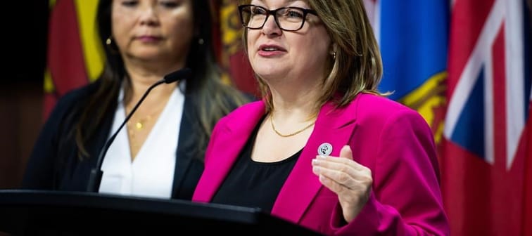 Bea Bruske, president of the Canadian Labour Congress (CLC), speaks during a press conference on Parliament Hill in Ottawa on Tuesday, Feb. 7, 2023. If you&rsquo;ve been the victim of workpla
