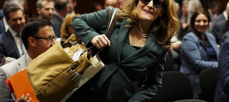 Deputy Prime Minister and Minister of Finance Chrystia Freeland arrives to a caucus meeting on Parliament Hill in Ottawa on Wednesday, April 17, 2024. 