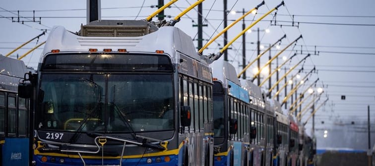 Buses line the Vancouver Transit Centre in Vancouver on Monday, Jan. 22, 2024. British Columbia is earmarking up to $300 million in new capital funding to help TransLink, Metro Vancouver's tr