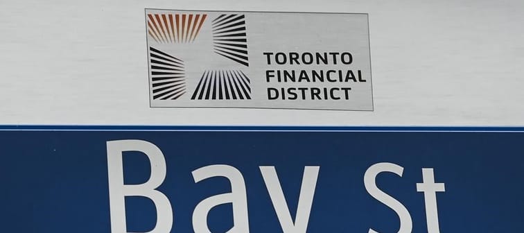A street sign along Bay Street in Toronto's financial district is shown on Tuesday, Jan. 12, 2021.