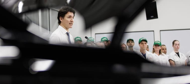Prime Minister Justin Trudeau speaks during a tour of a Honda Manufacturing Plant in Alliston, Ont., Wednesday, April 5, 2023. Trudeau, Ontario Premier Doug Ford and Honda executives are expe