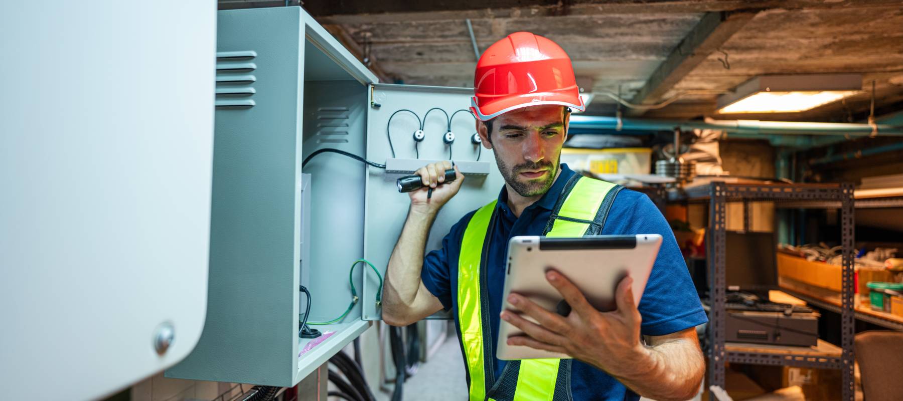 Man working with a tablet and electric box in a basement