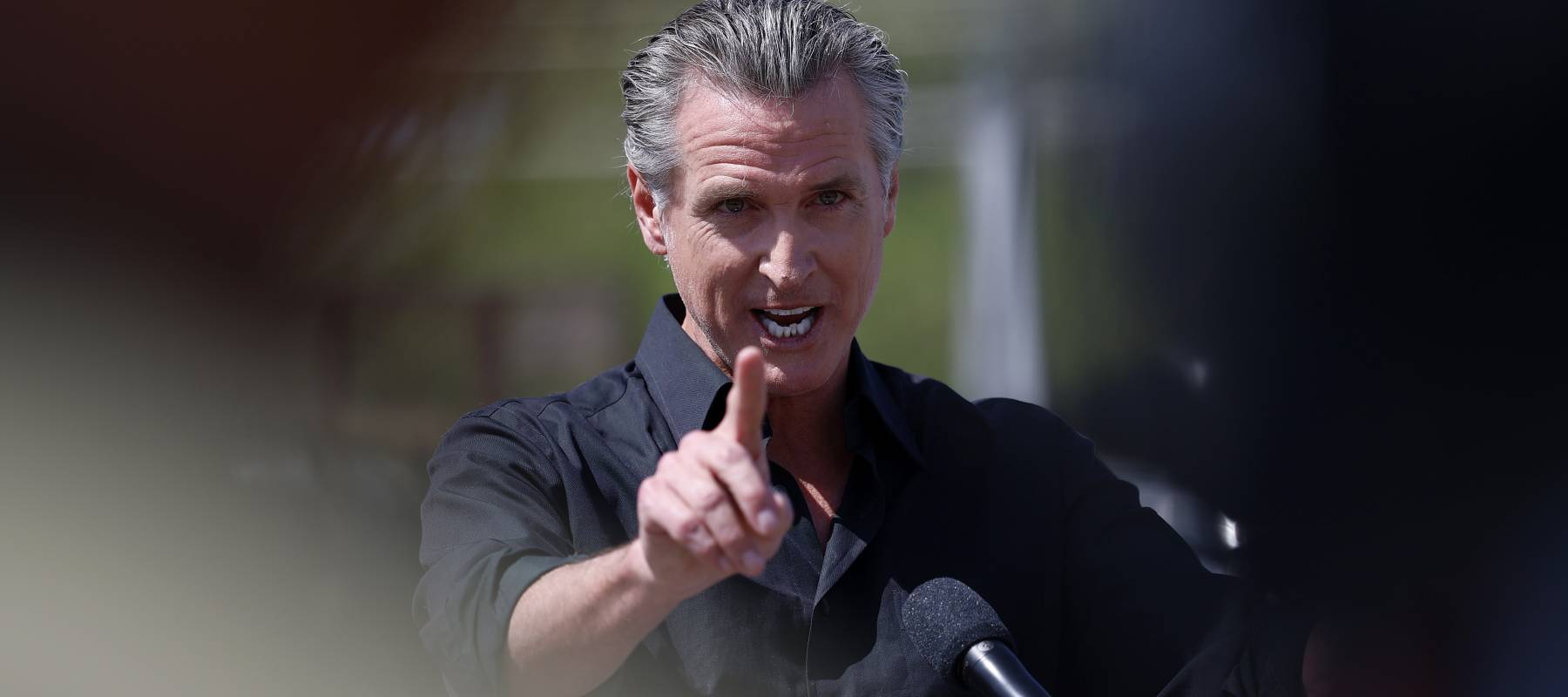 California Gov. Gavin Newsom speaks during a news conference at Gemperle Orchard in Ceres, California, April 16, 2025.