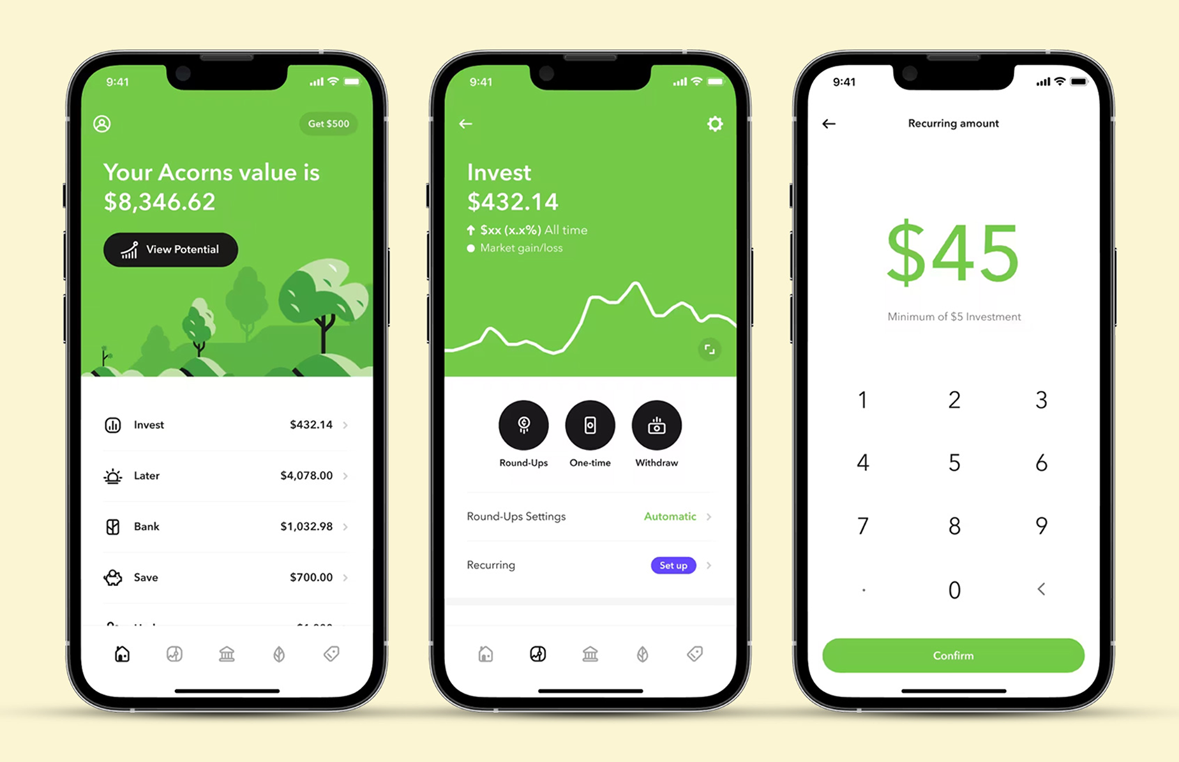 How to claim your $20 bonus investment: Set up your Acorns account in under three minutes. Once registered, open the app and tap Invest and then tap on Recurring. Enter a recurring amount of at least $5.