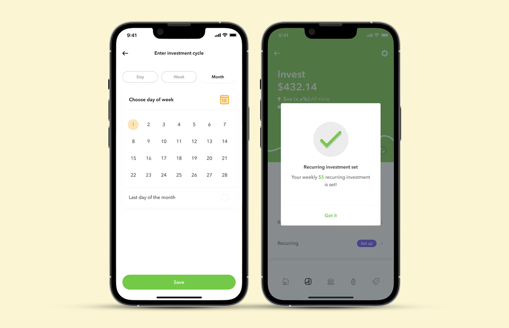 Enter your desired frequency and tap Save. After your first successful recurring investment, your bonus will be paid within 40 days.