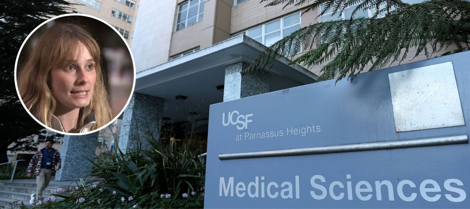 UCSF employee speaking to a reporter against a background image of a UCSF building.