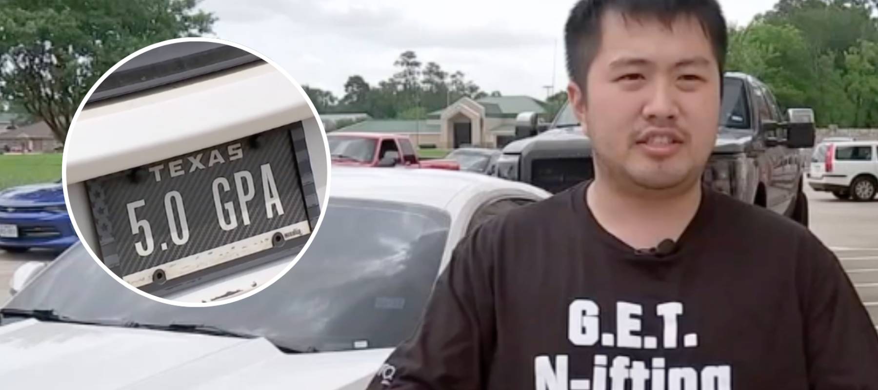 Man speaking to camera, vanity license plate (inset)