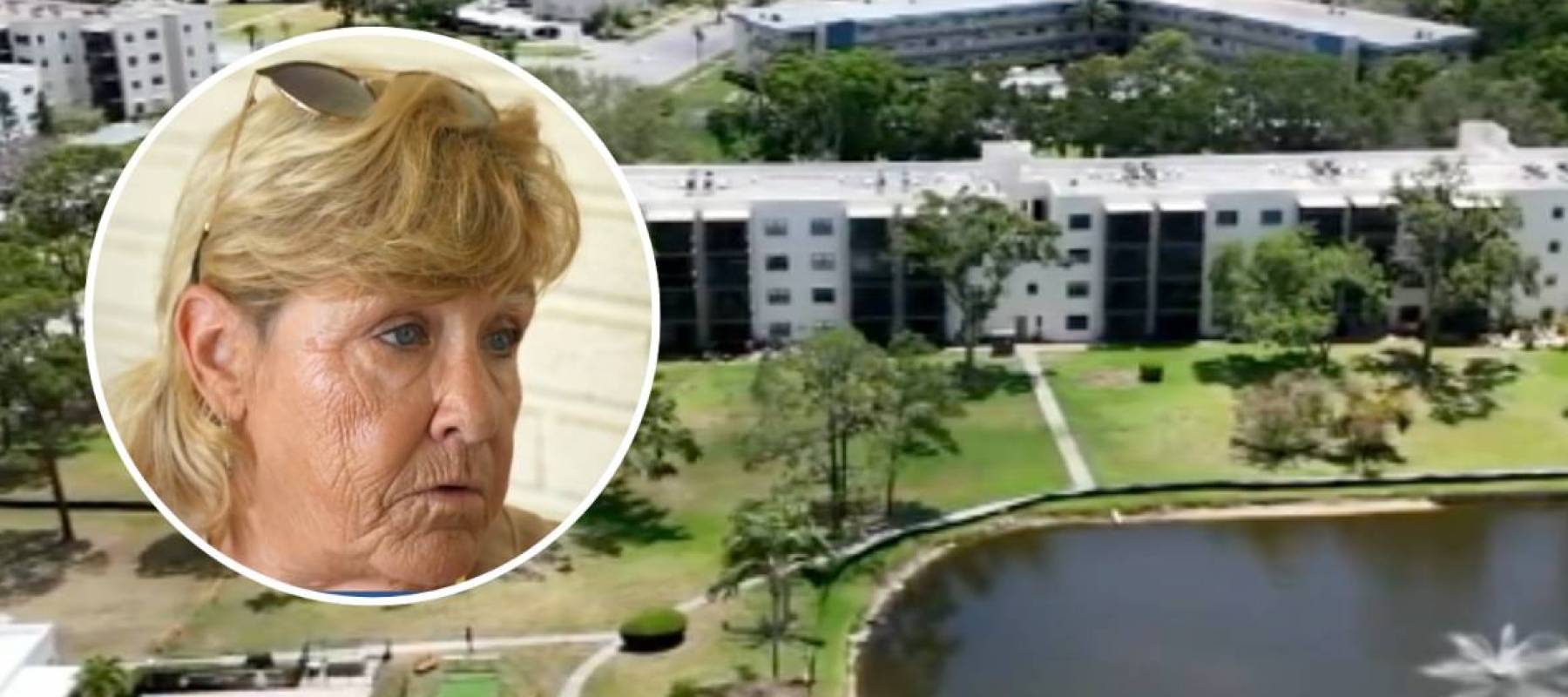 Overhead picture of condo property, woman speaking (inset).