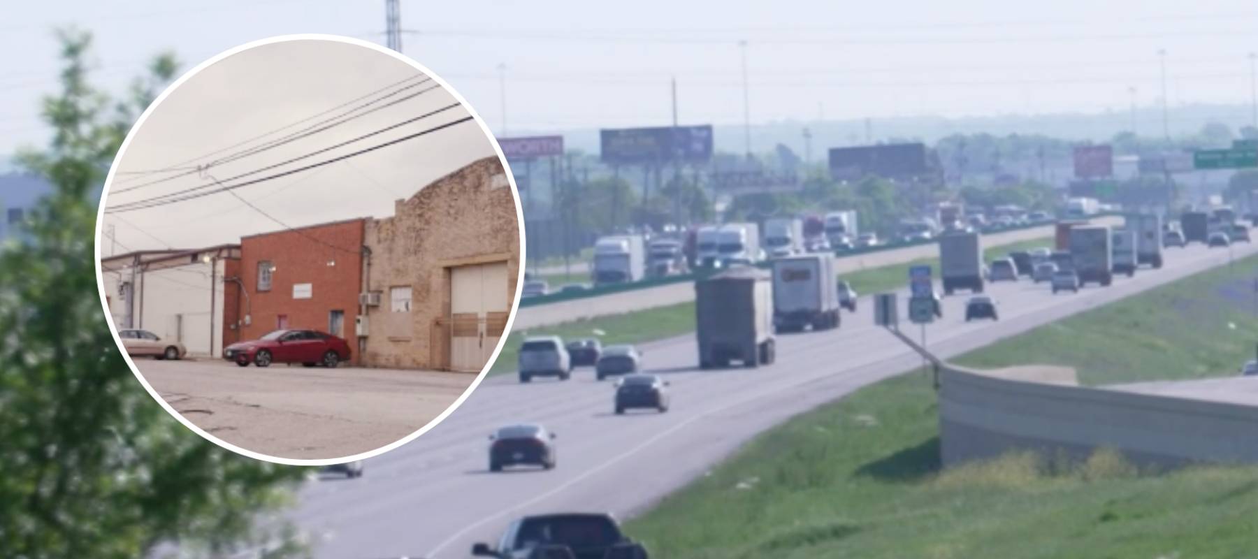 A highway, three one-storey buildings (inset).