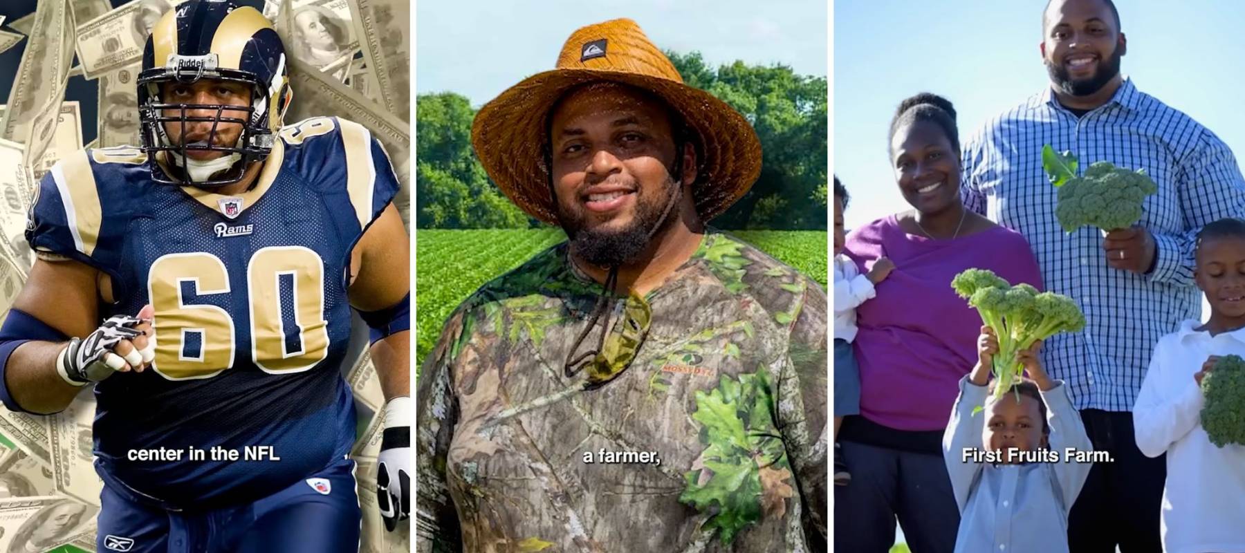 Collage of Jason Brown screengrabs, showing him as an NFL athlete, then farmer and then with his family.