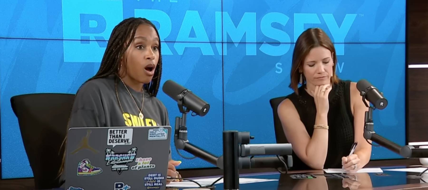 The Ramsey Show hosts Jade Warshaw and Rachel Cruze react with shock to caller's news about 401(k) withdrawal.