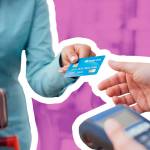 Woman at the supermarket checkout, she is paying using a credit card, shopping and retail concept