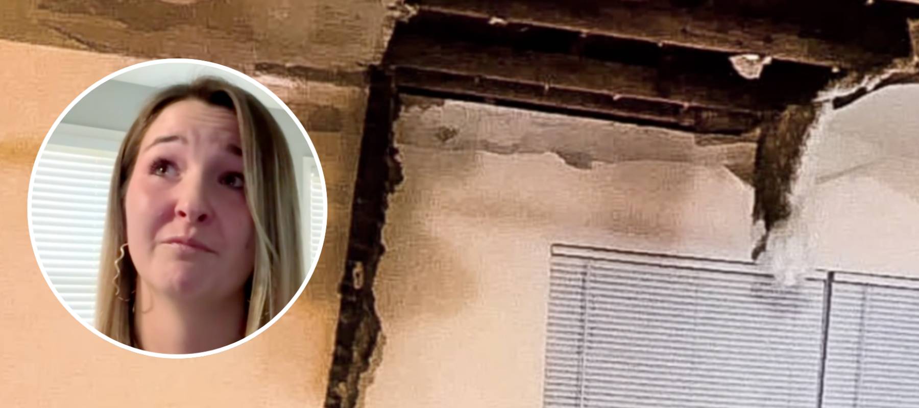 Room with exposed ceiling, woman speaking on camera in front of window (inset).