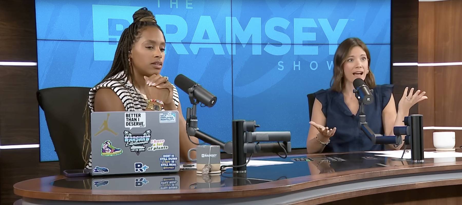 The Ramsey Show cochosts Jade Warshaw (left) and Rachel Cruze speak with caller Derek about the weal imbalance in his relationship.