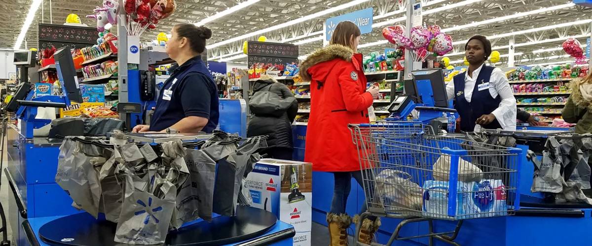 HDR image, Walmart customers check out line, cashier counter - Saugus, Massachusetts USA - February 5, 2018