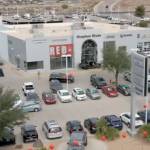 Overhead shot of a car dealership.