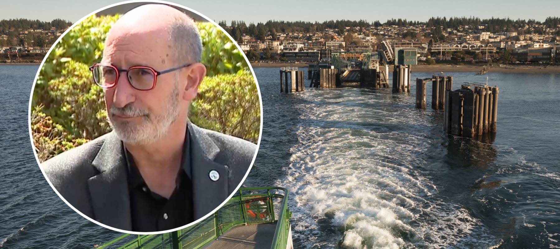 Edmonds Mayor Mike Rosen talks about the financial struggles of his town with background image of town boat dock in background.