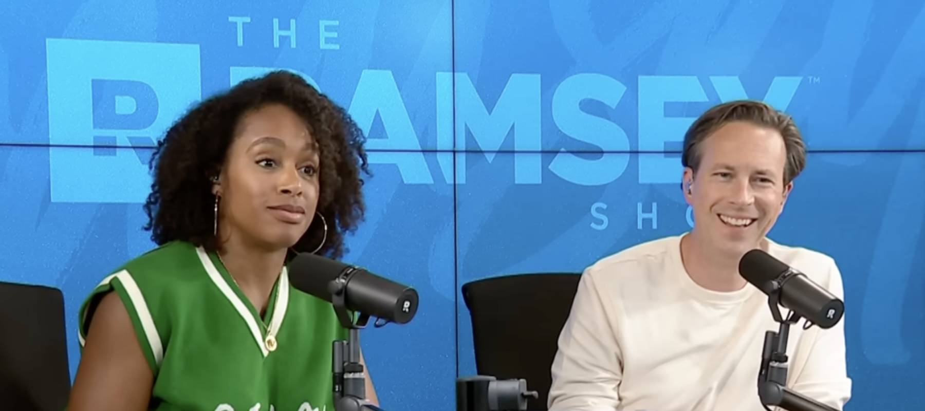 The Ramsey Show hosts Jade Warshaw and Ken Coleman react with amusement to a caller who told them they pushed back against a debt collector.