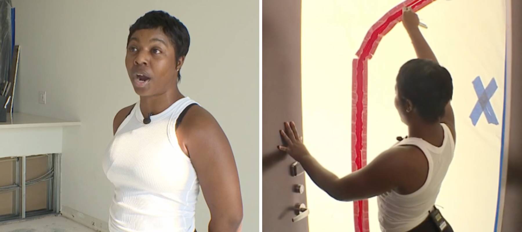 Woman speaking on camera, unzipping dust barrier doors (right side).