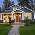 Home with luxury exterior with green grass at twilight.