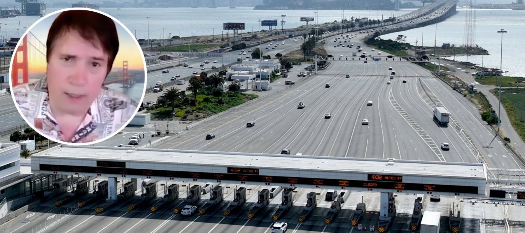 A composite shot of toll road and a 72-year old man discussing being scammed.