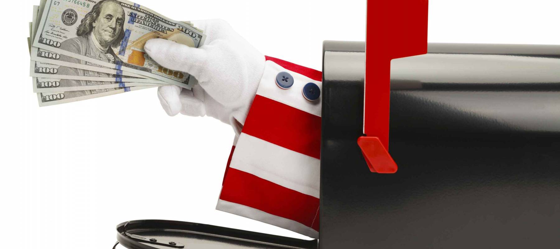 Mailbox with Uncle Sam Handing Over Money Isolated on White Background.