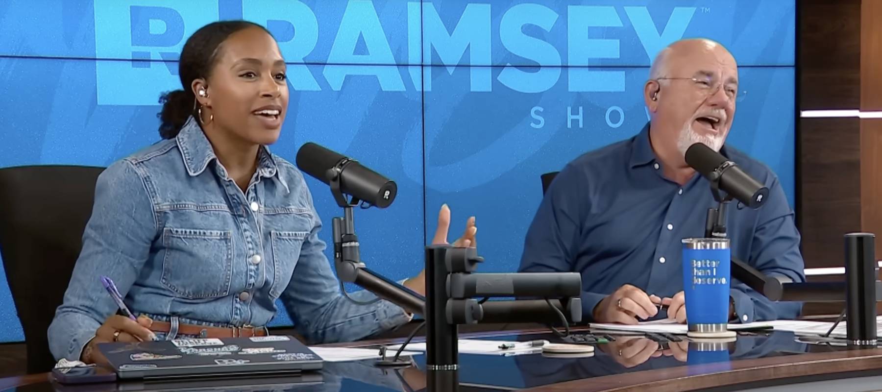 Jade Warshaw and Dave Ramsey reacting to a caller.