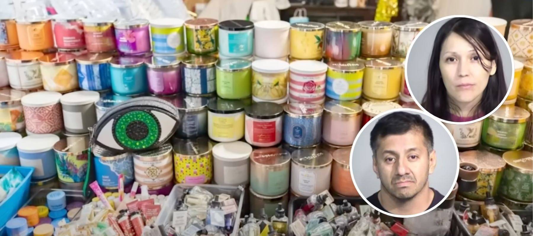 Personal care products displayed along with the head shots of the couple accused in selling stolen goods.