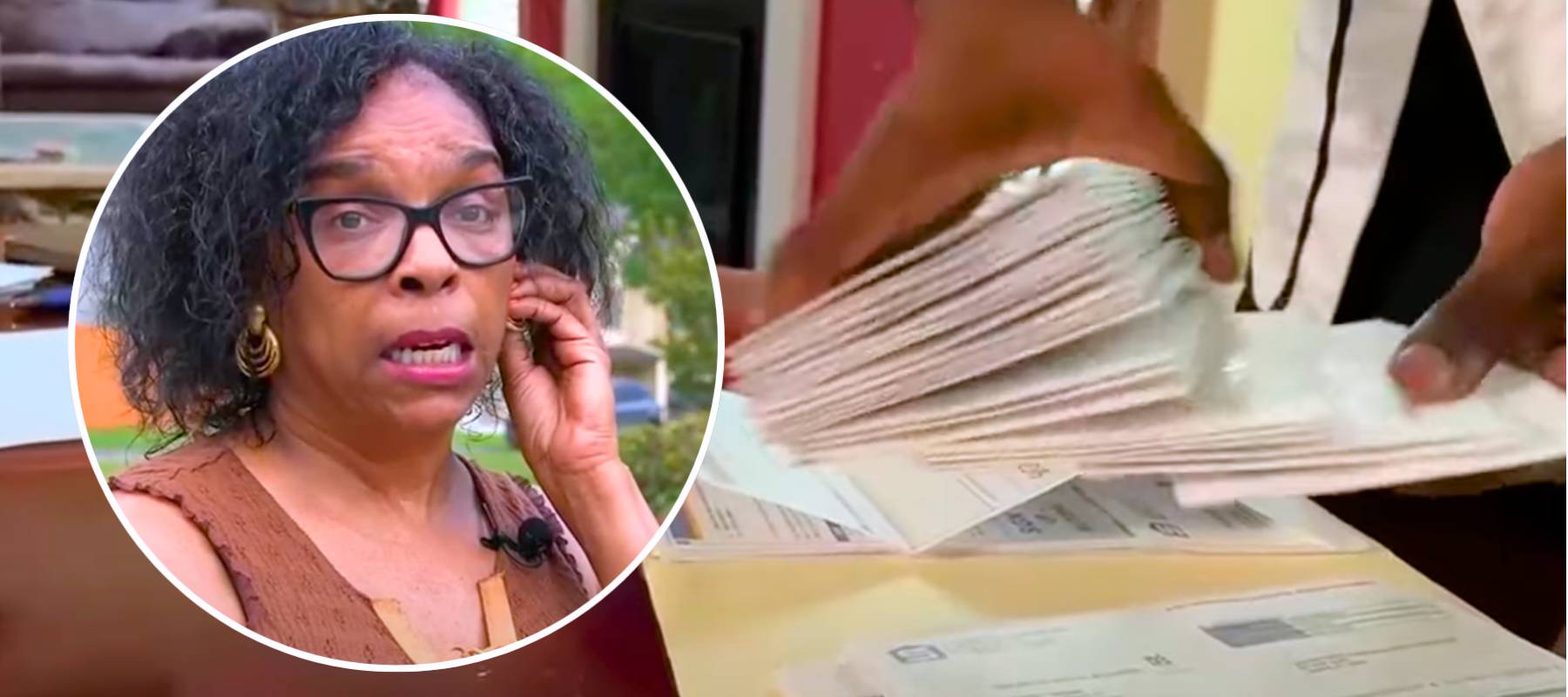 Resident Rosalyn Cash and a pile of bills.