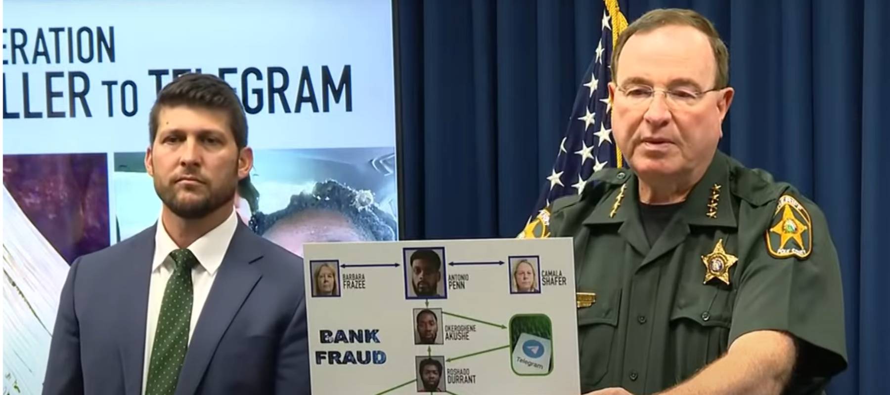 Polk County Sheriff Grady Judd and Attorney General James Utheimer presenting the fraud ring.