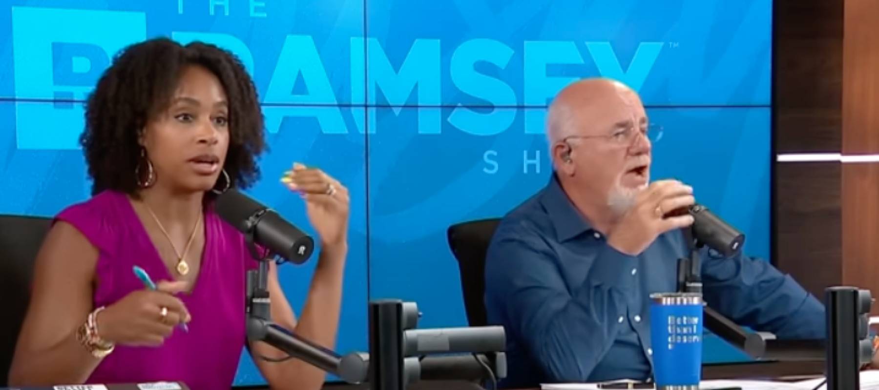 Hosts of The Ramsey Show speaking on camera.