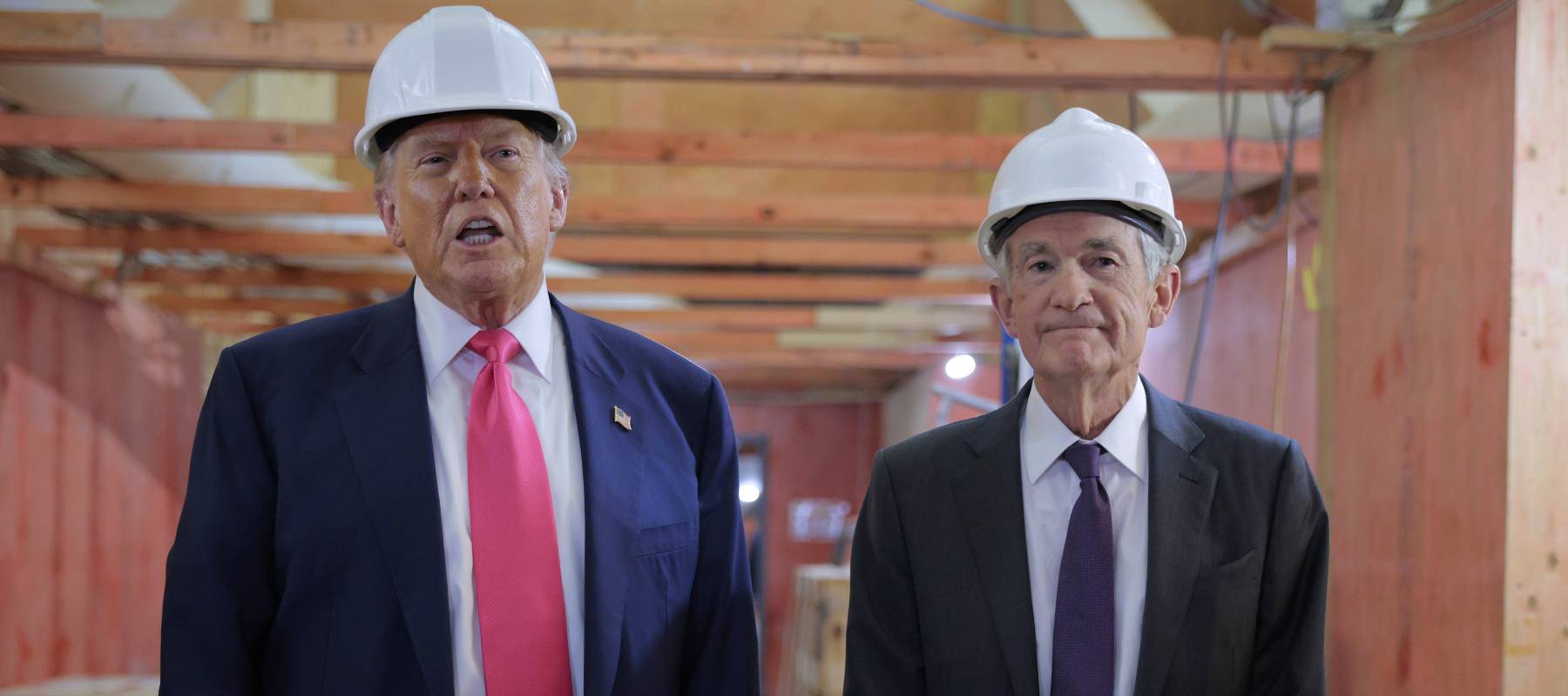 President Donald Trump and Federal Reserve Chair Jerome Powell talk to reporters while touring the Federal Reserve’s $2.5-billion renovation project in Washington, D.C., July 24, 2025.