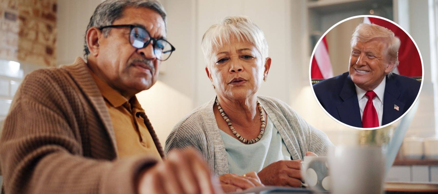 Composite shot of an older couple discussing their finances with a smaller head shot of Trump smiling.