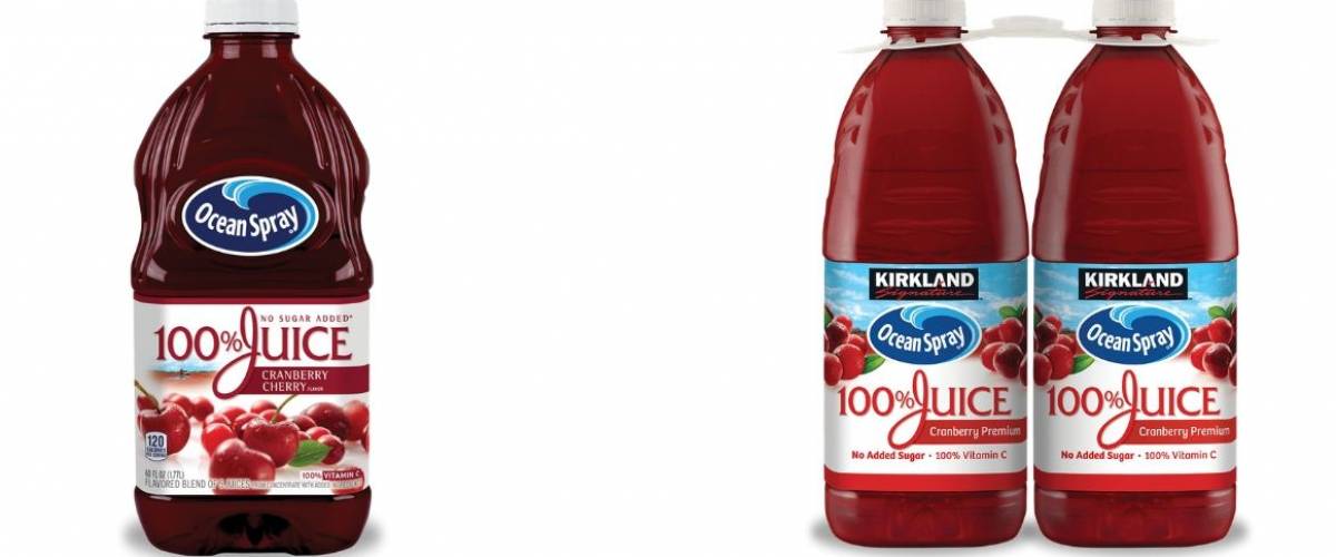 Ocean Spray cranberry juice and Kirkland Signature Ocean Spray cranberry juice