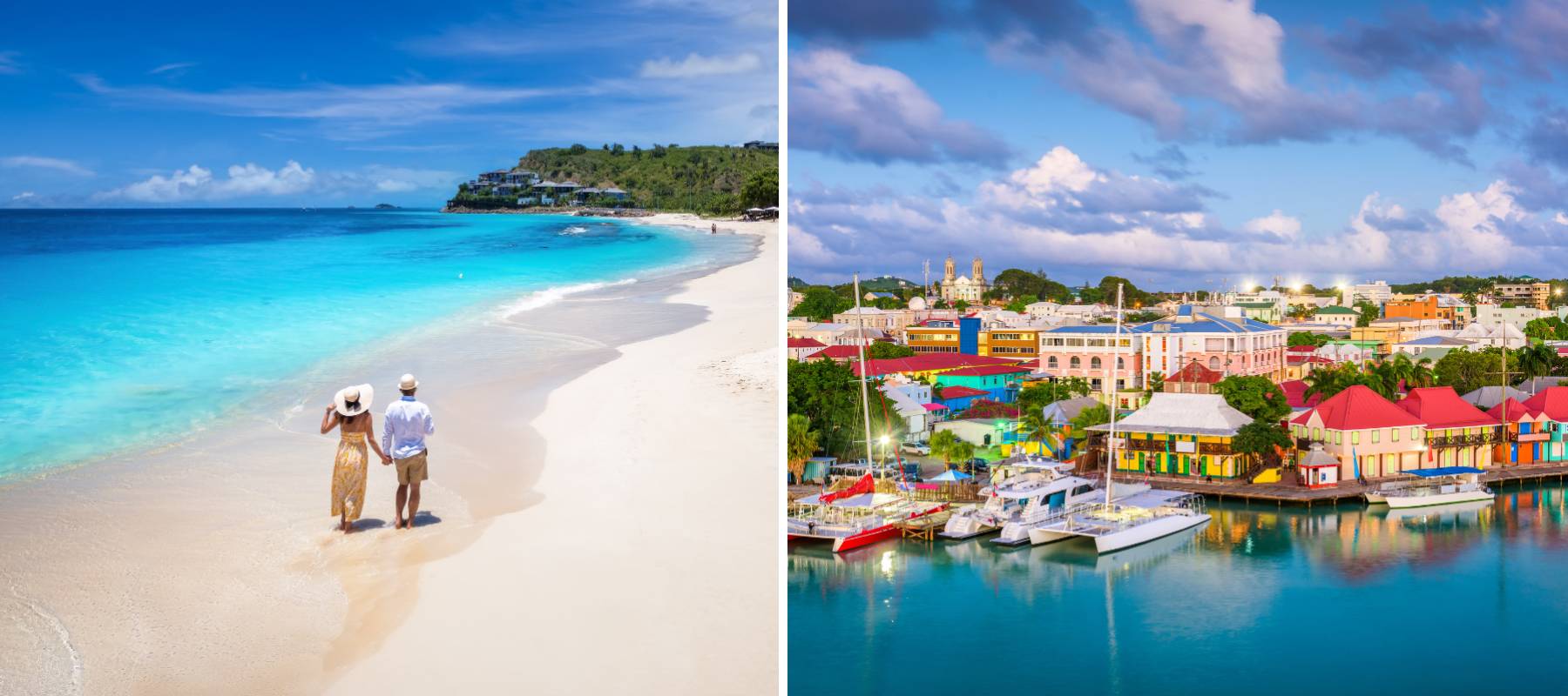 Couple walking along the beach in Antigua, St. John's, Antigua skyline on Redcliffe Quay at dusk.