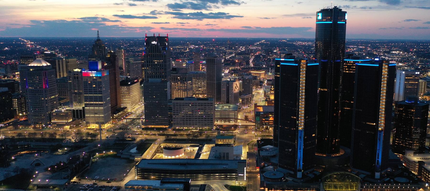 Aerial view of Detroit on April 16, 2020 in Detroit, Michigan.