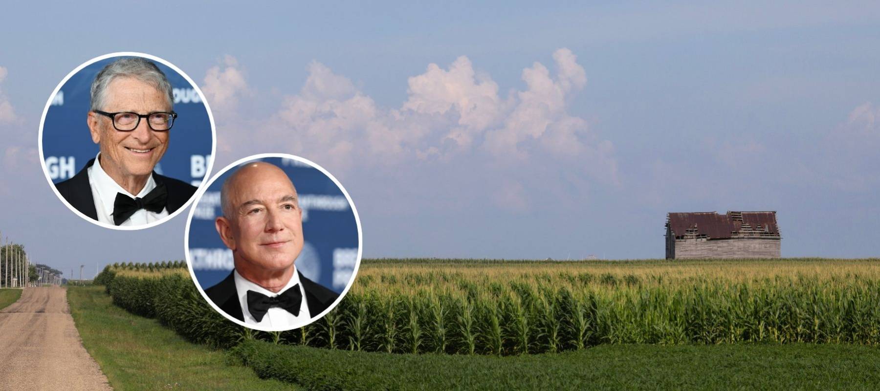 Composite shot of farmland along with headshots of Bill Gates and Jeff Bezos.