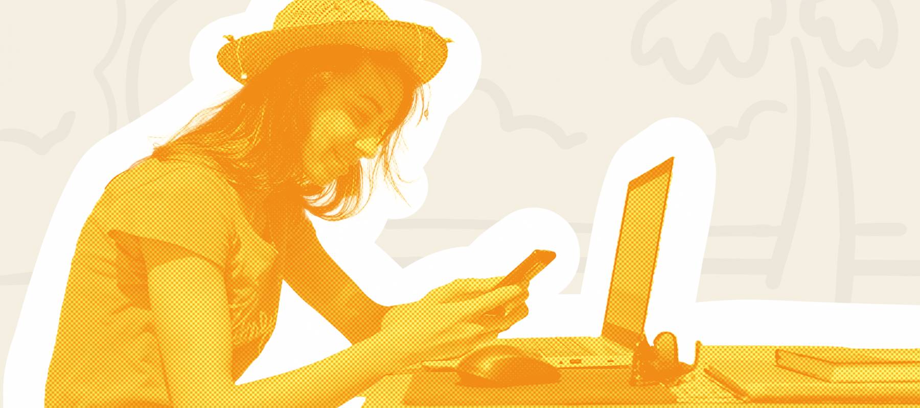 side view freelancer woman in hat with laptop computer working by sea at morning, using smartphone and internet. Technology and travel. Working outdoors. Freelance concept