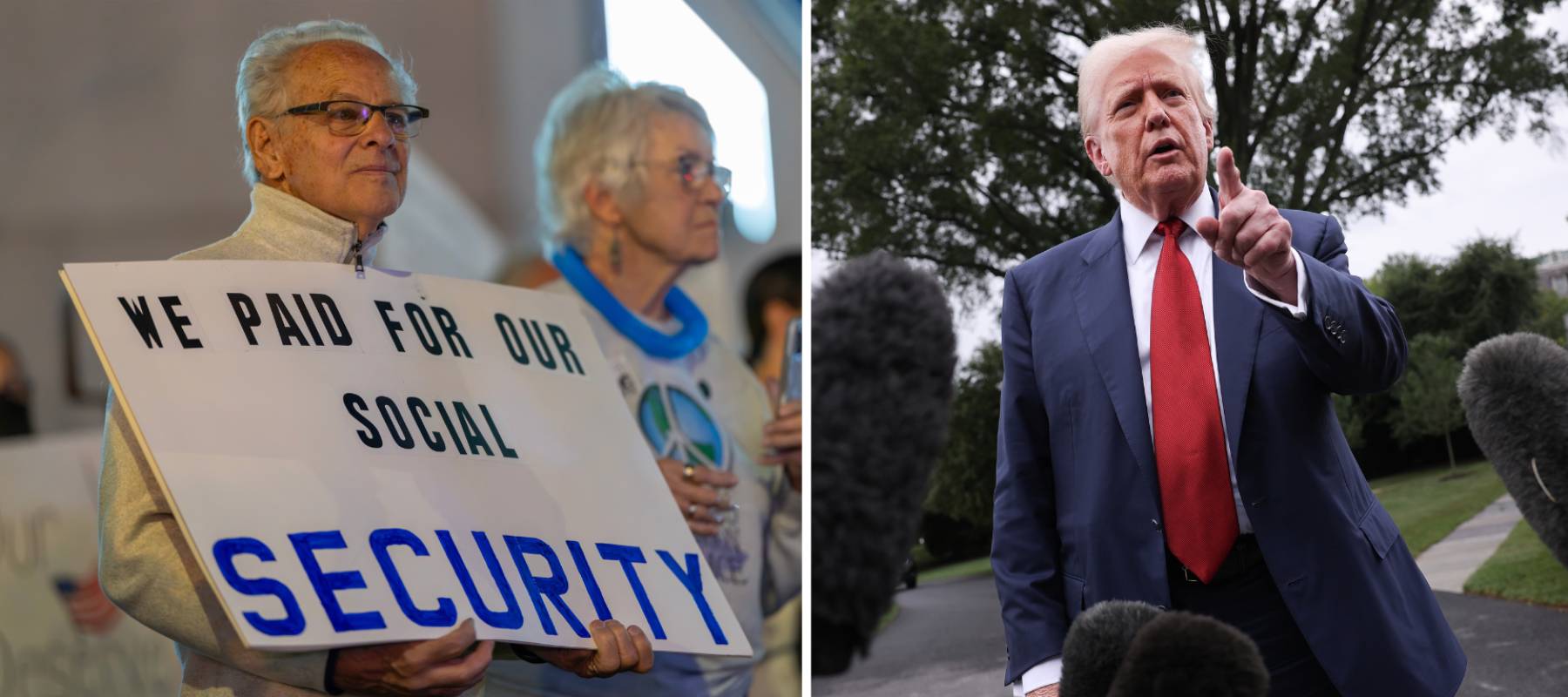 Seniors protesting, Trump talking to reporters (right)