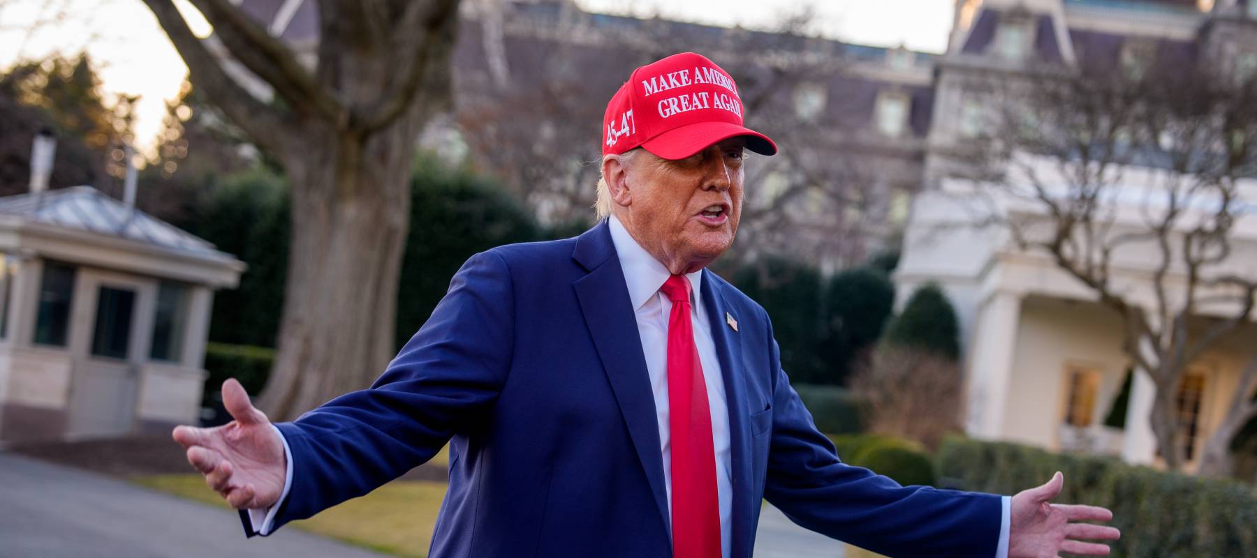 President Donald Trump speaks to the media before boarding Marine One on the South Lawn of the White House in Washington, D.C., Feb. 28, 2025.