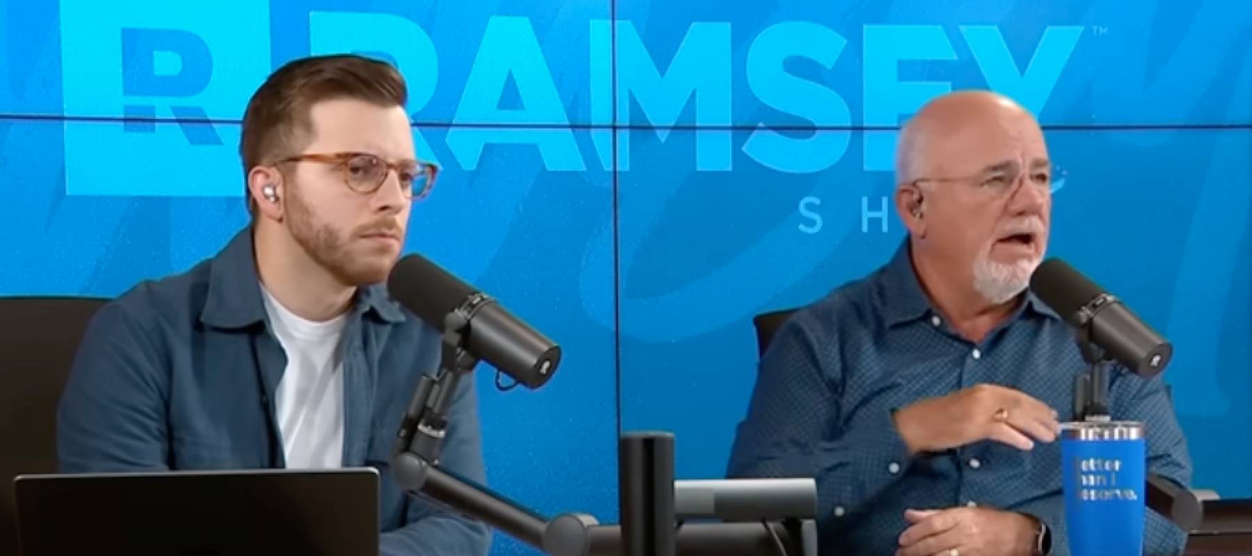 Dave Ramsey talking to a caller on camera.