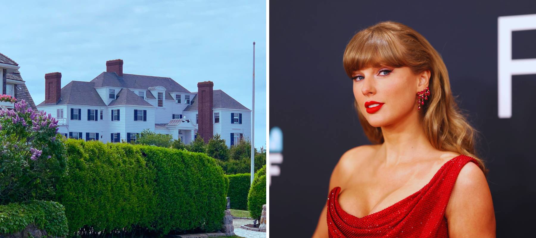 Taylor Swift along with her famous Rhodes Island vacation home.