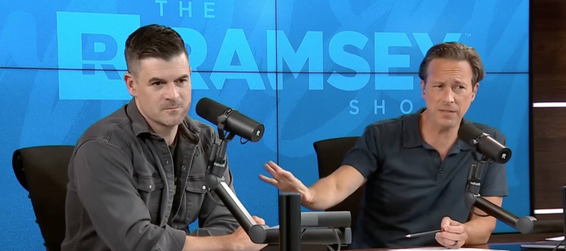 The Ramsey Show hosts Dr. John Delony and Ken Coleman react with shock to a phone call about a woman wanting to combine finances with new fiance.